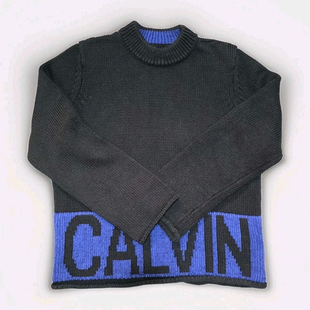 Calvin Klein Women's Black Blue Heavy Knit Sweater Pullover Size Large L Cozy